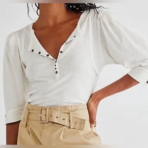 Free People We the Free Snow drop Puffed 3/4 Sleeve Henley Top White Size Small
